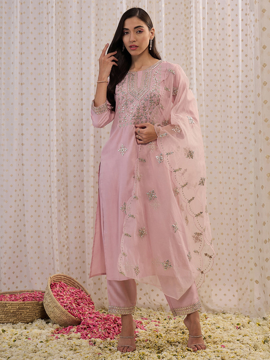 Indo Era Pink Embroidered Straight Kurta Trousers With Dupatta set