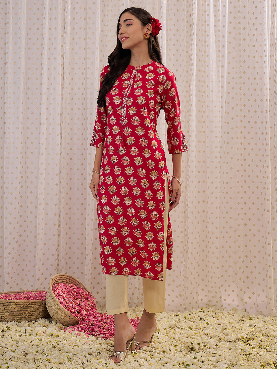 Indo Era Pink Printed Straight Kurta