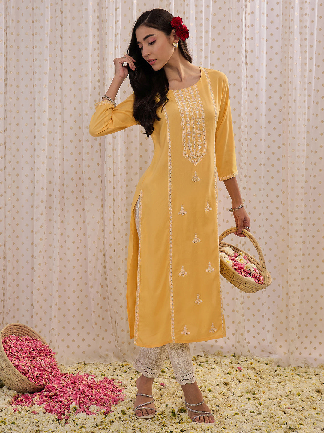 Indo Era Yellow Embroidered Straight Kurta