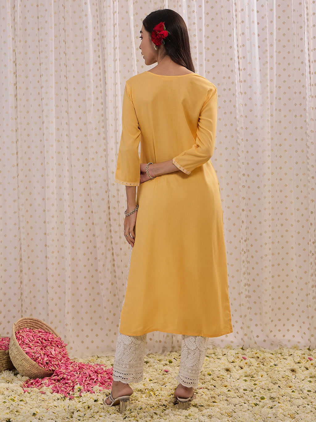 Indo Era Yellow Embroidered Straight Kurta