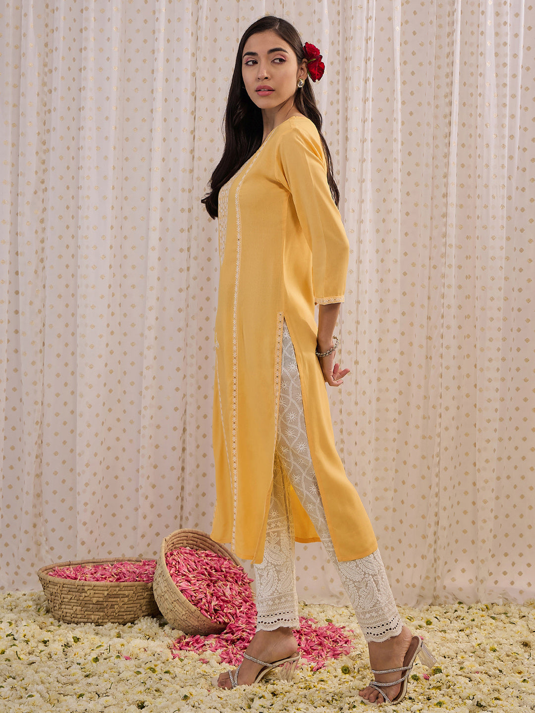 Indo Era Yellow Embroidered Straight Kurta