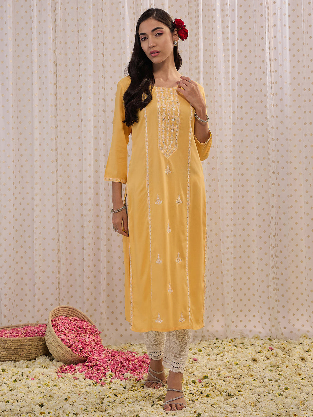 Indo Era Yellow Embroidered Straight Kurta