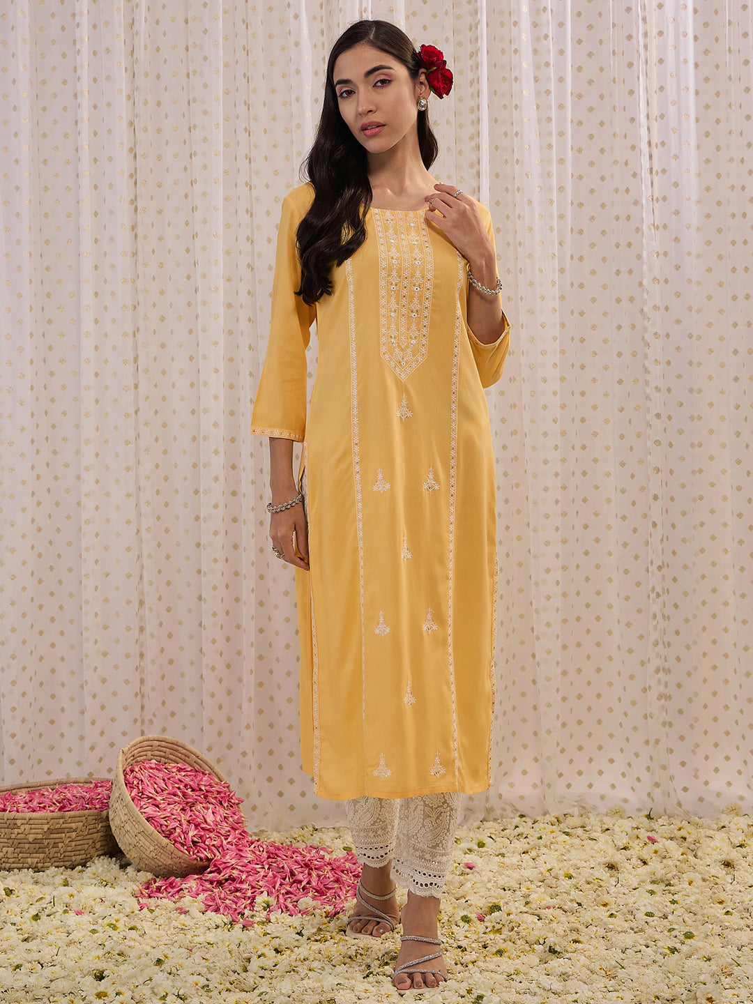 Indo Era Yellow Embroidered Straight Kurta