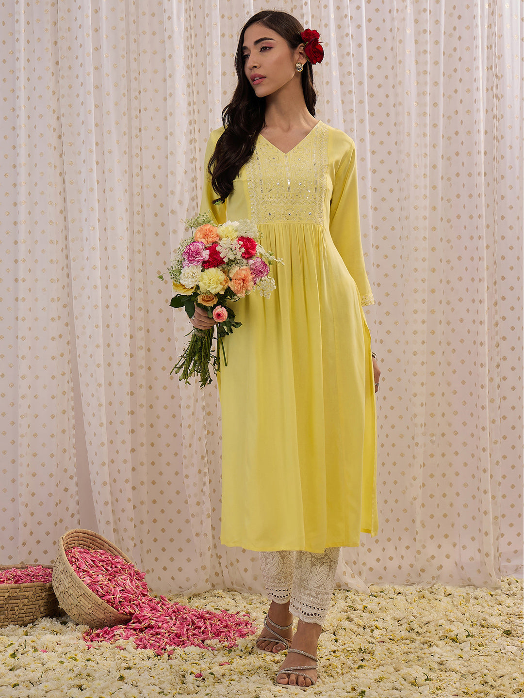 Indo Era Yellow Embroidered A-Line Kurta