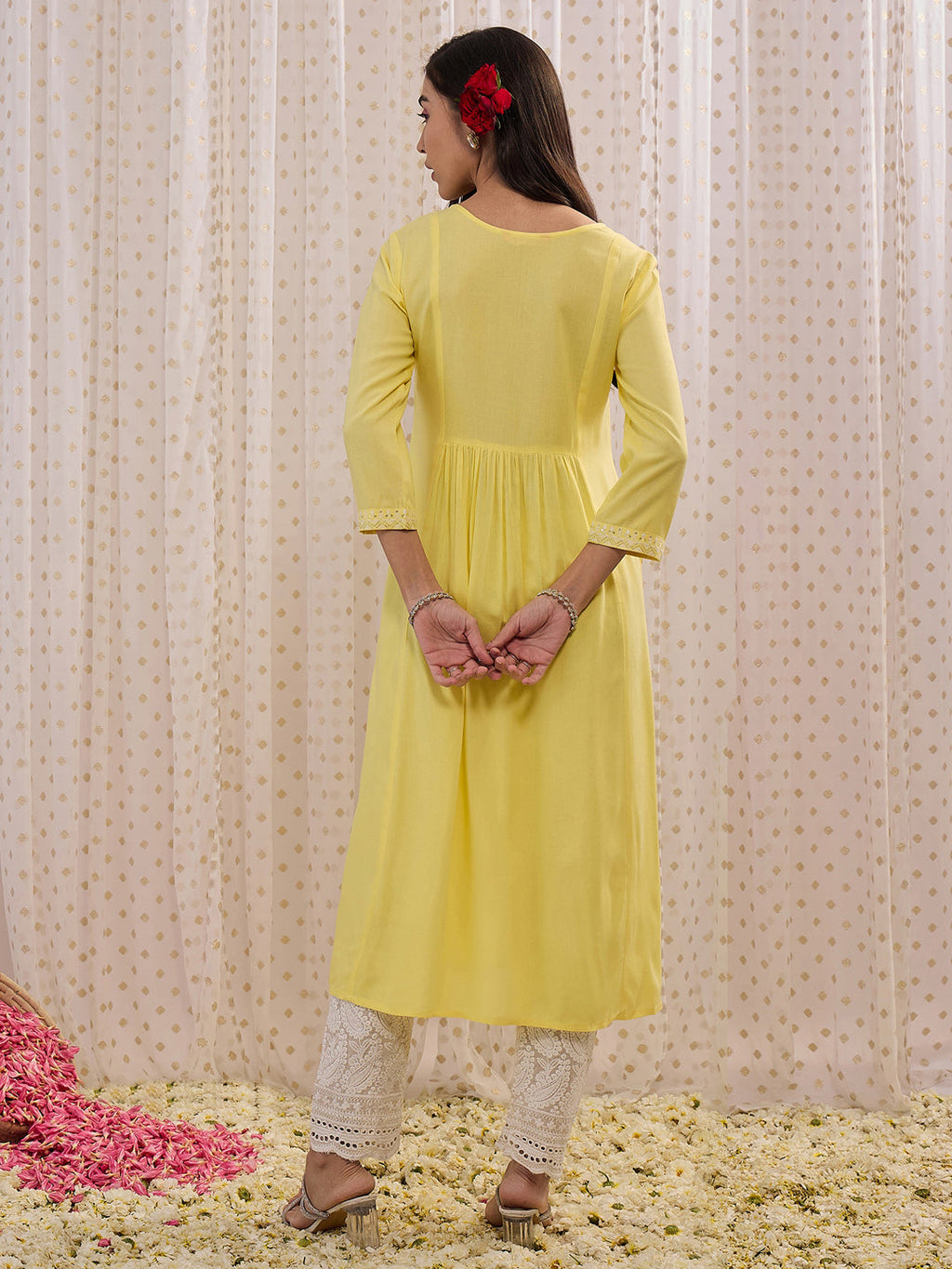 Indo Era Yellow Embroidered A-Line Kurta
