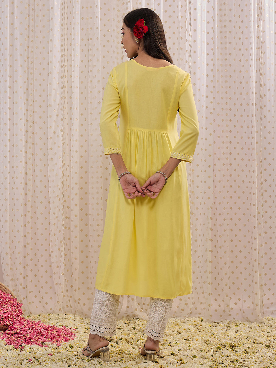 Indo Era Yellow Embroidered A-Line Kurta