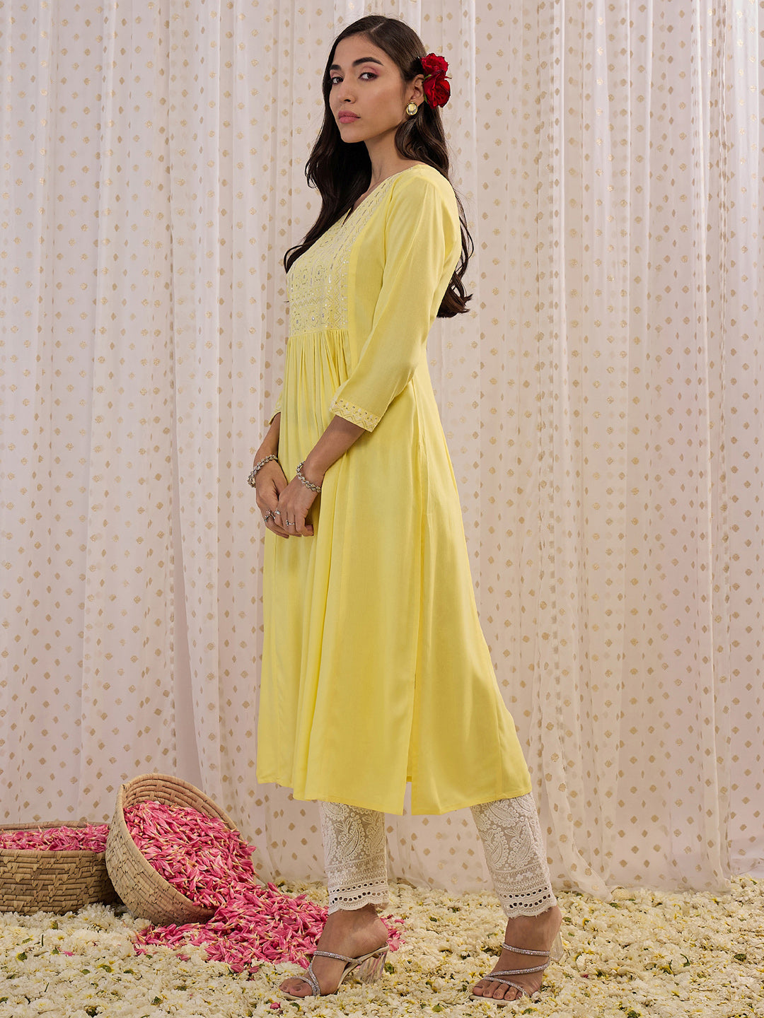 Indo Era Yellow Embroidered A-Line Kurta