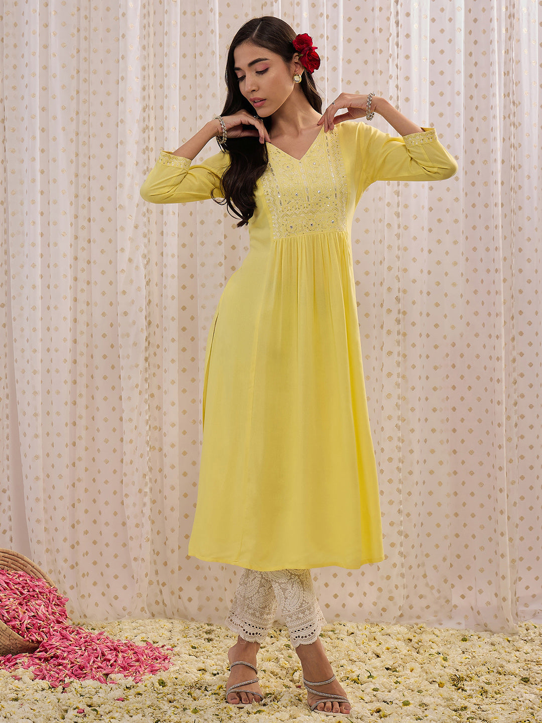 Indo Era Yellow Embroidered A-Line Kurta