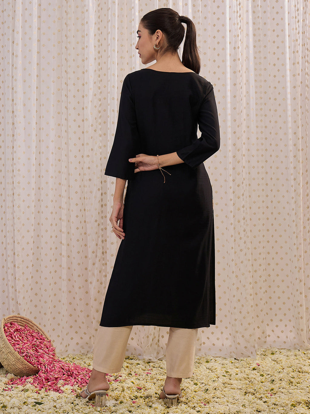 Indo Era Black Solid Straight Kurta