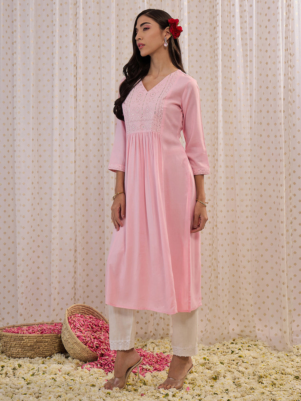 Indo Era Pink Embroidered A-Line Kurta