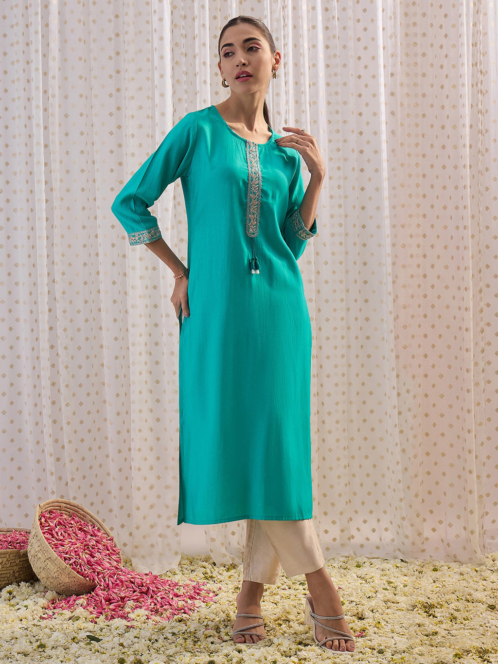 Indo Era Blue Embroidered Straight Kurta