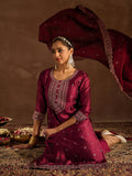 Indo Era Maroon Embroidered Straight Kurta Trousers With Dupatta set
