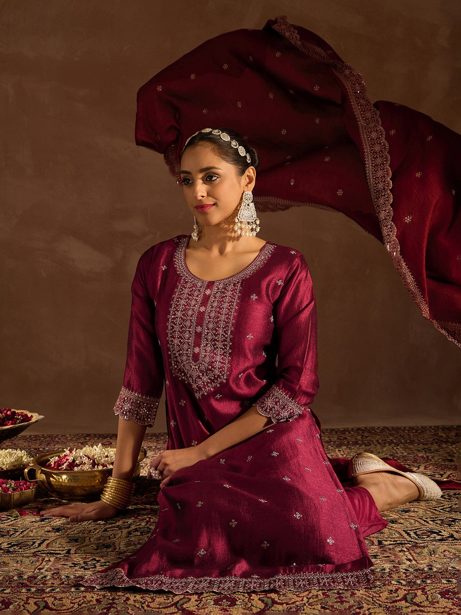 Indo Era Maroon Embroidered Straight Kurta Trousers With Dupatta set