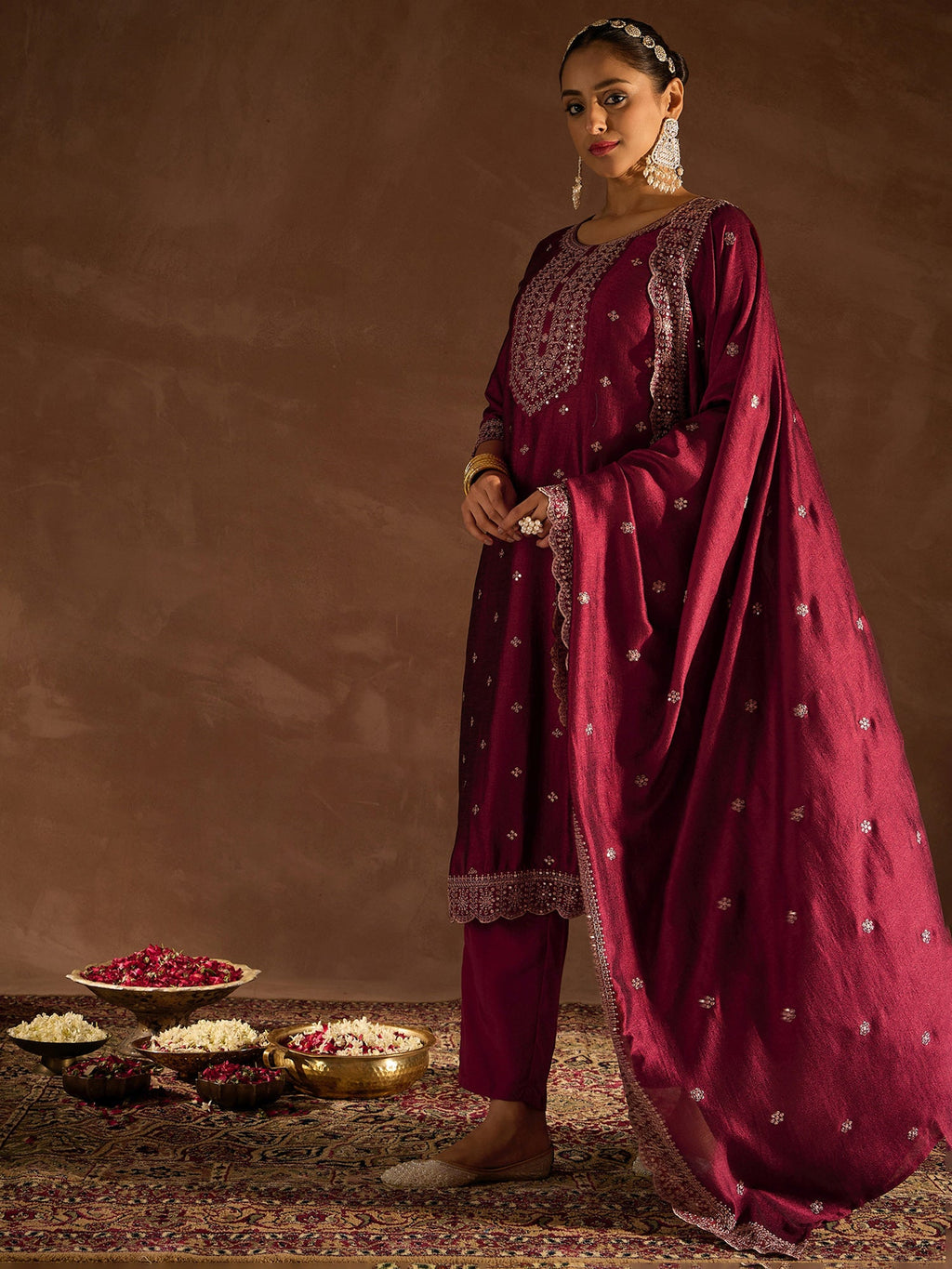 Indo Era Maroon Embroidered Straight Kurta Trousers With Dupatta set