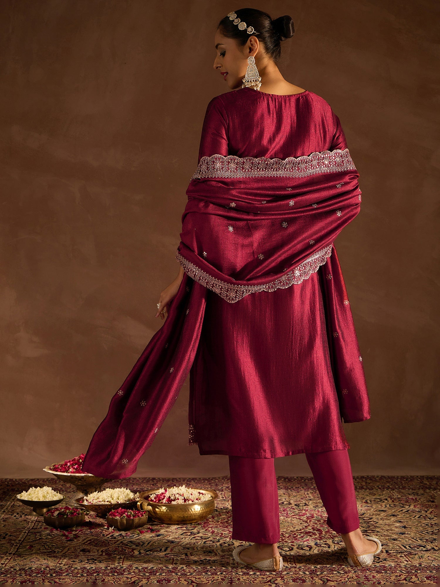 Indo Era Maroon Embroidered Straight Kurta Trousers With Dupatta set