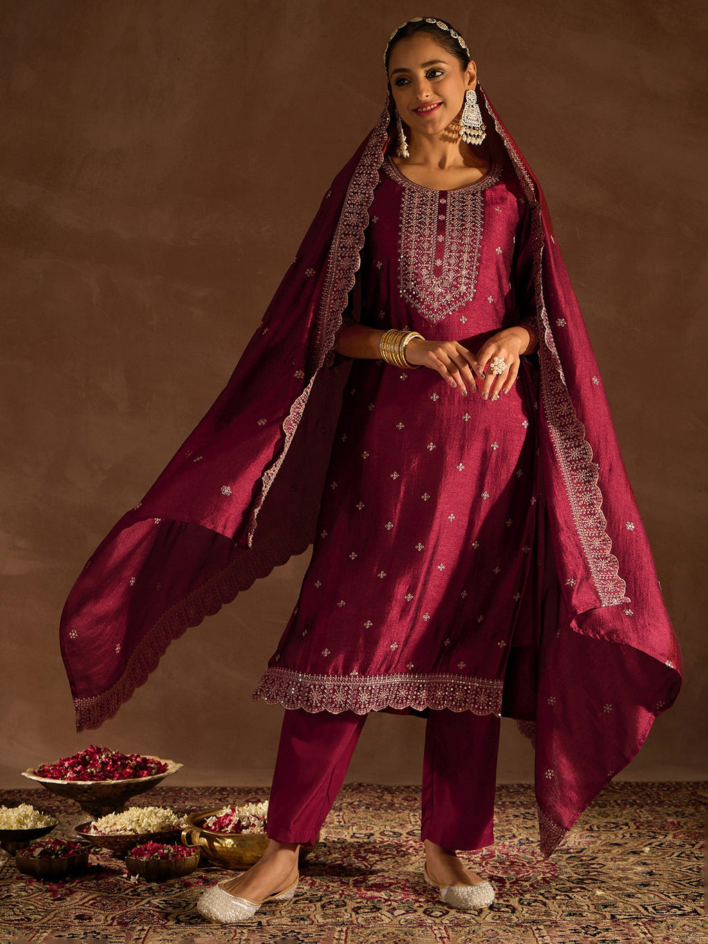 Indo Era Maroon Embroidered Straight Kurta Trousers With Dupatta set