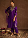 Indo Era Purple Embroidered Straight Kurta Trousers With Dupatta set