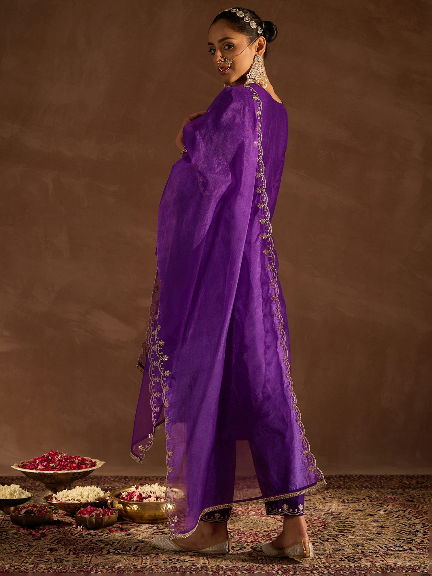 Indo Era Purple Embroidered Straight Kurta Trousers With Dupatta set