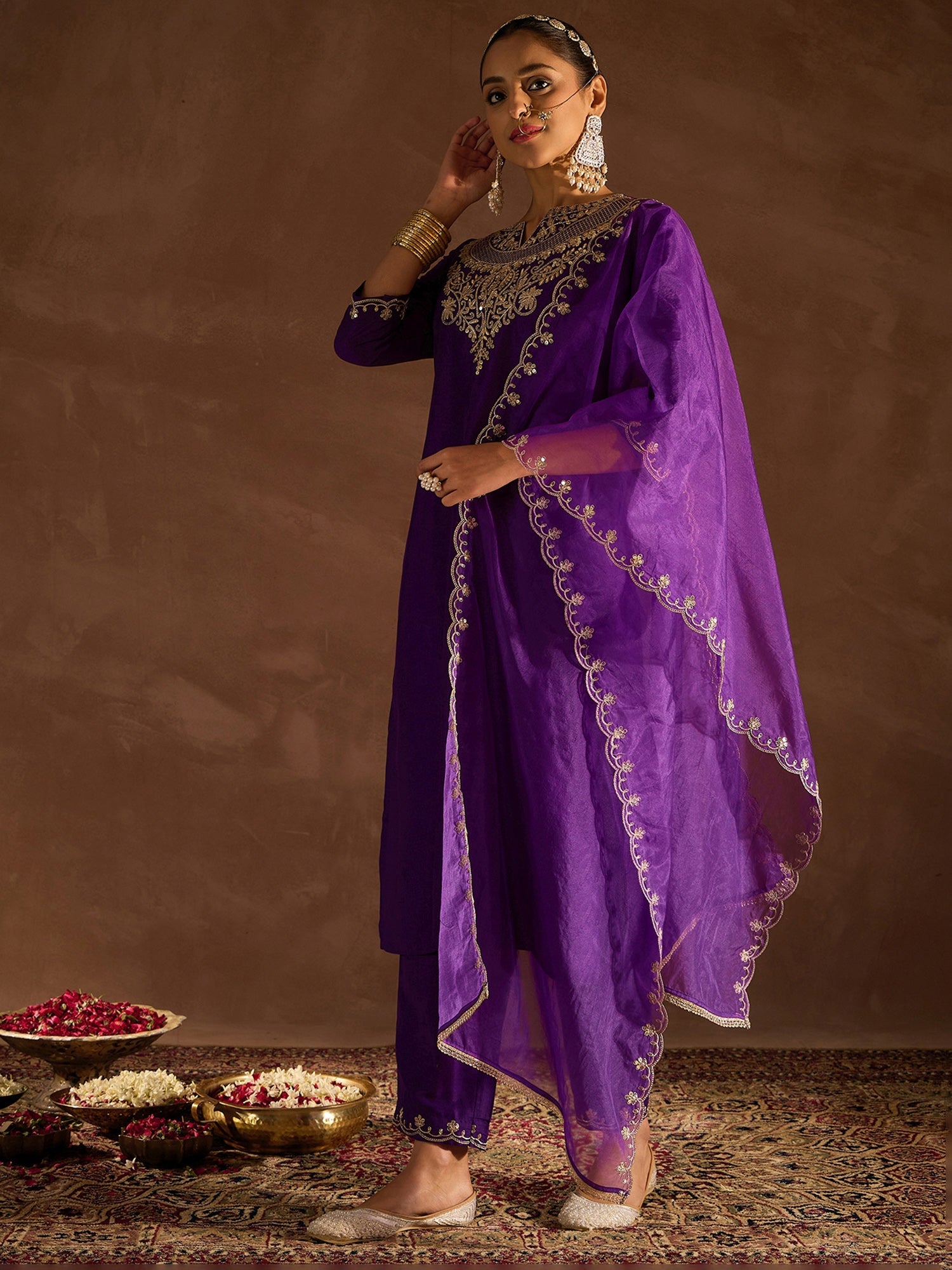 Indo Era Purple Embroidered Straight Kurta Trousers With Dupatta set