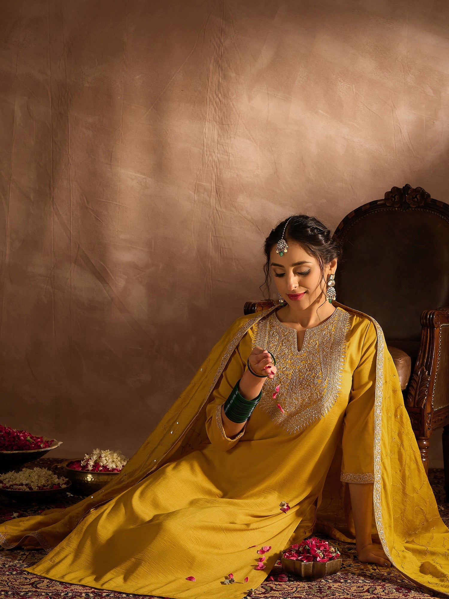 Indo Era Yellow Embroidered Straight Kurta Trousers With Dupatta set