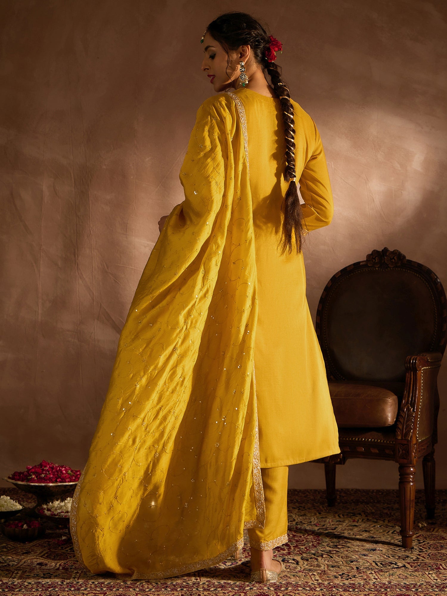 Indo Era Yellow Embroidered Straight Kurta Trousers With Dupatta set
