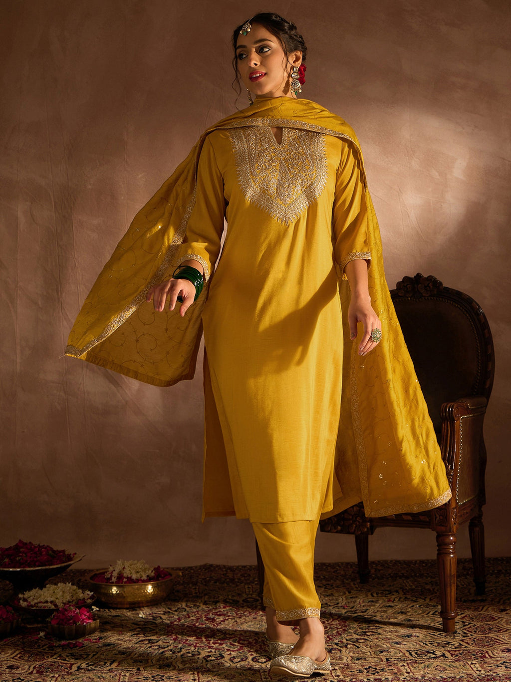 Indo Era Yellow Embroidered Straight Kurta Trousers With Dupatta set