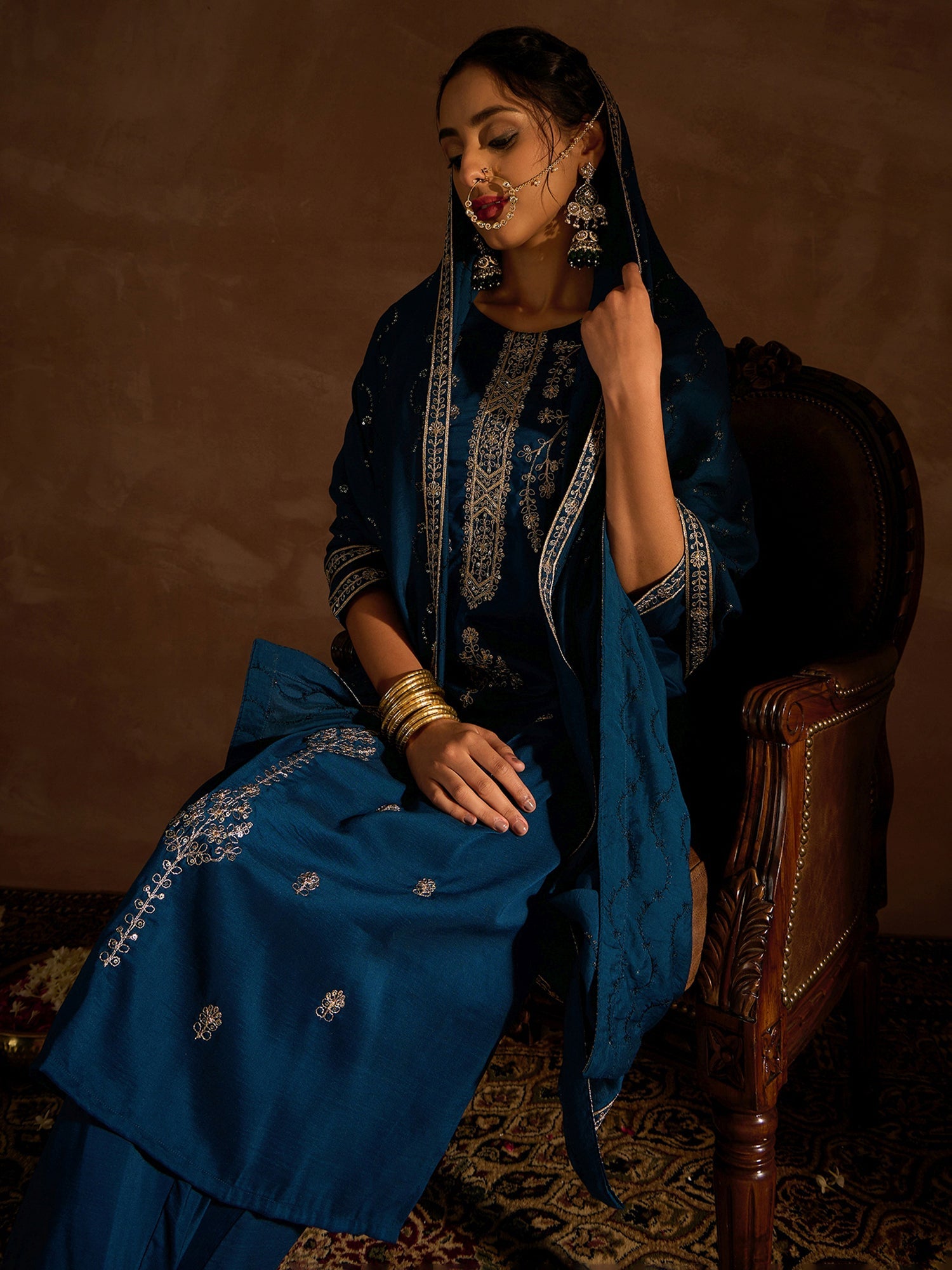 Indo Era Teal Embroidered Straight Kurta Trousers With Dupatta set