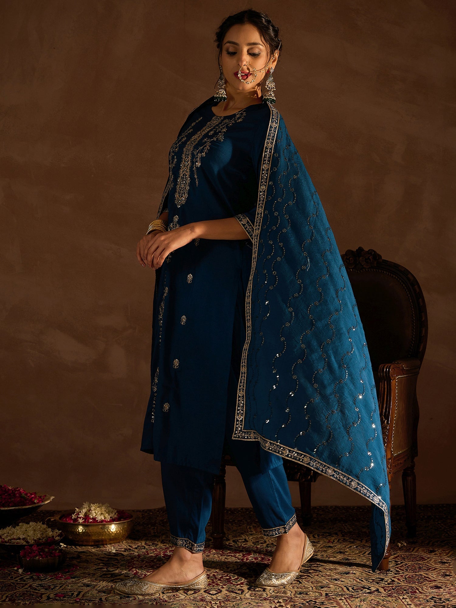Indo Era Teal Embroidered Straight Kurta Trousers With Dupatta set