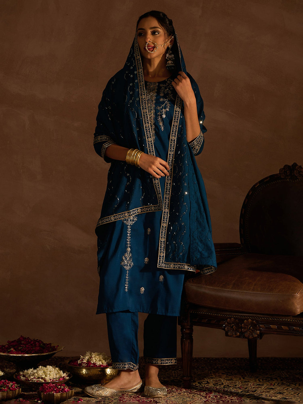 Indo Era Teal Embroidered Straight Kurta Trousers With Dupatta set