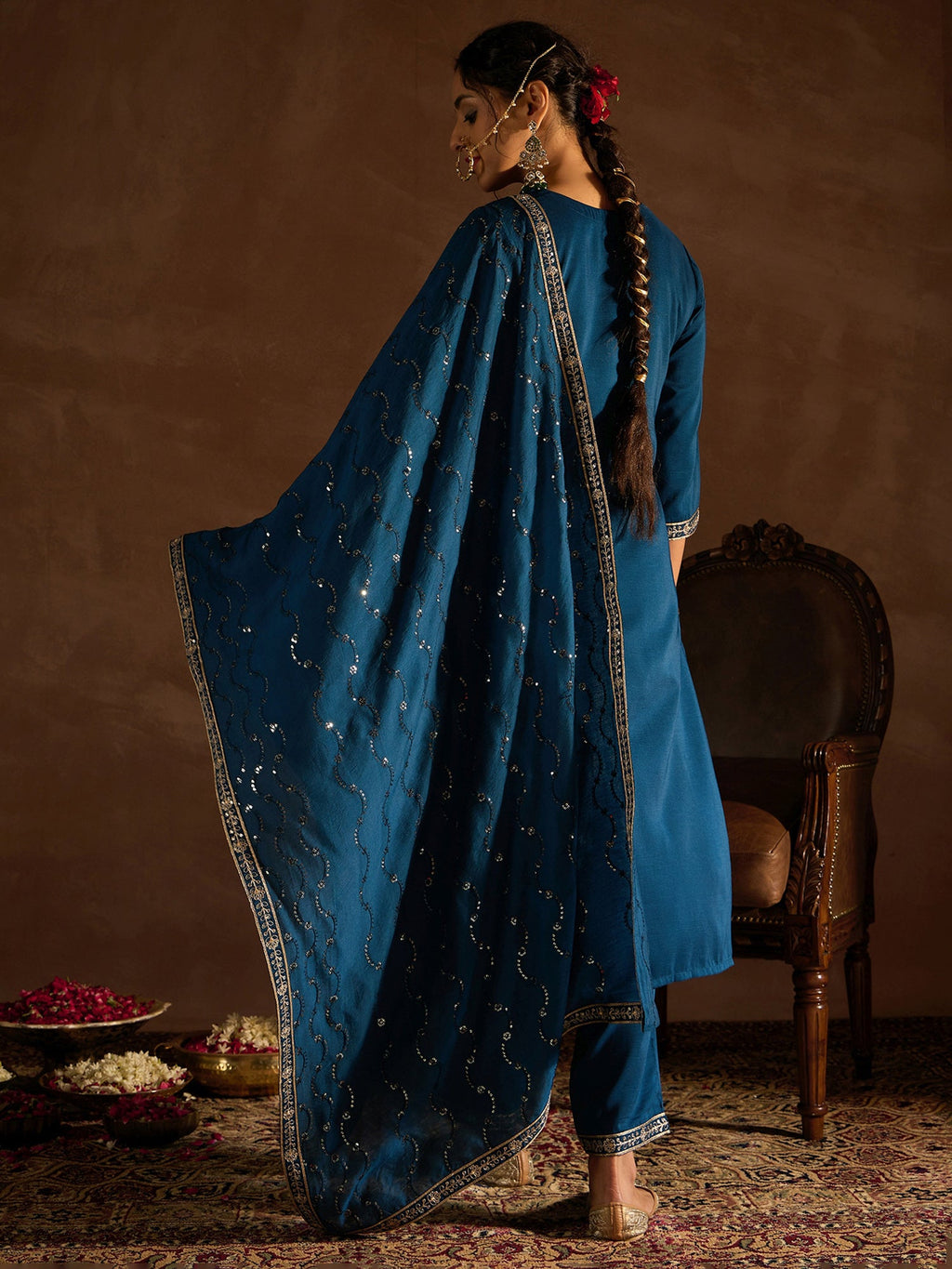 Indo Era Teal Embroidered Straight Kurta Trousers With Dupatta set