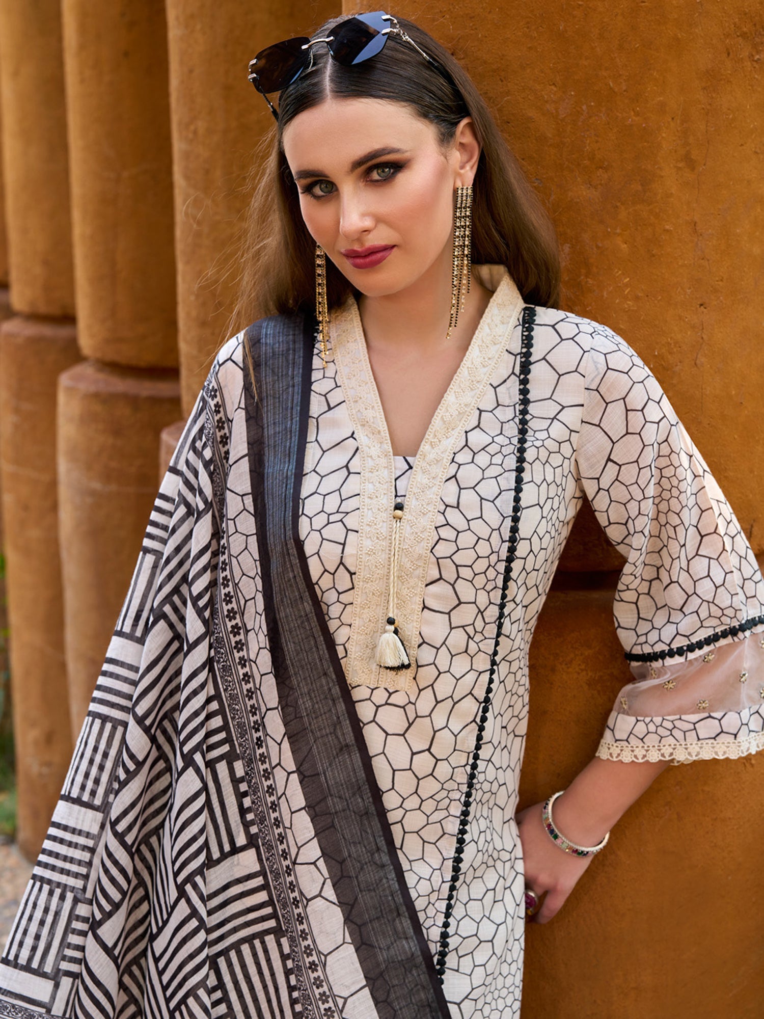 Indo Era Off White Printed Straight Kurta Trousers With Dupatta set