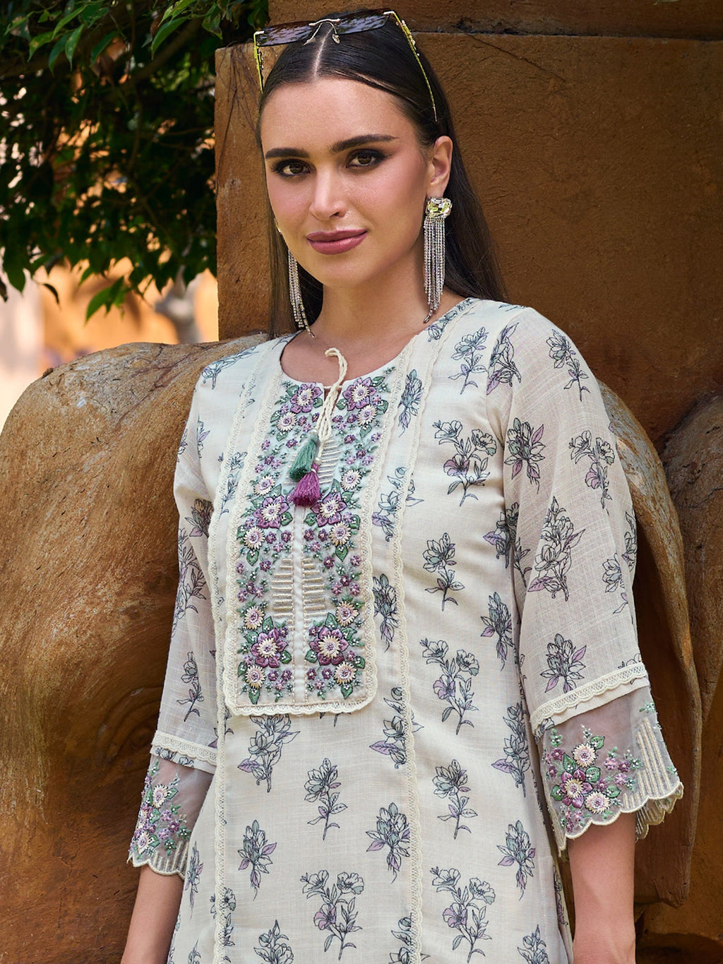 Indo Era Off White Printed Straight Kurta Trousers With Dupatta set
