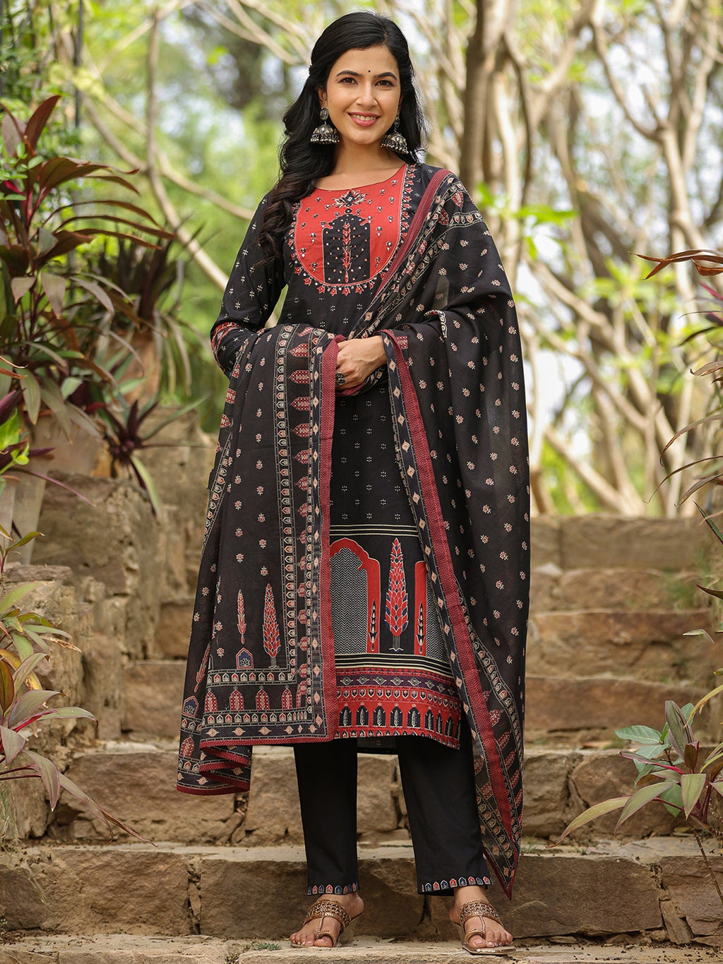 Indo Era Black Printed Straight Kurta Trousers With Dupatta set