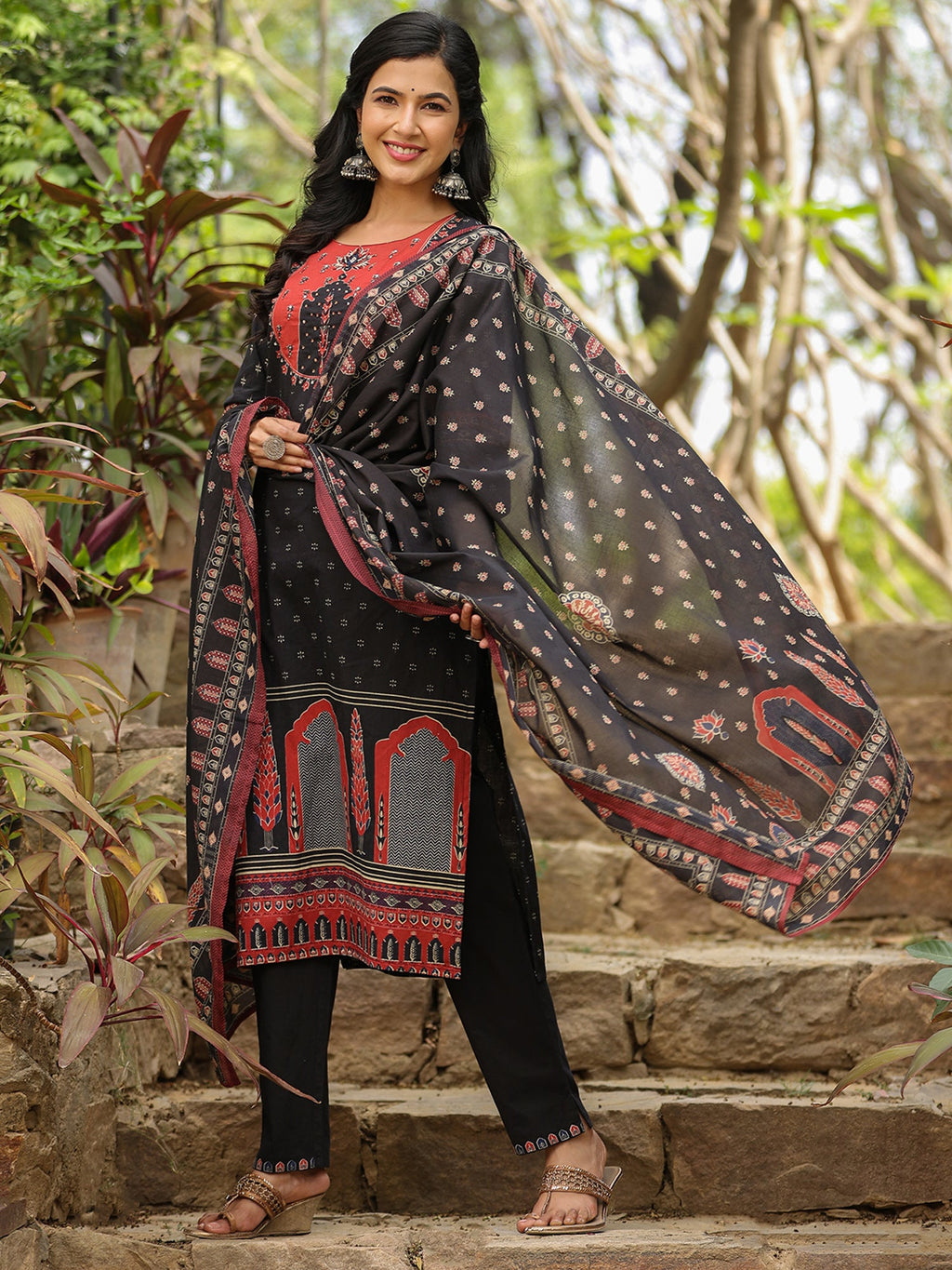 Indo Era Black Printed Straight Kurta Trousers With Dupatta set