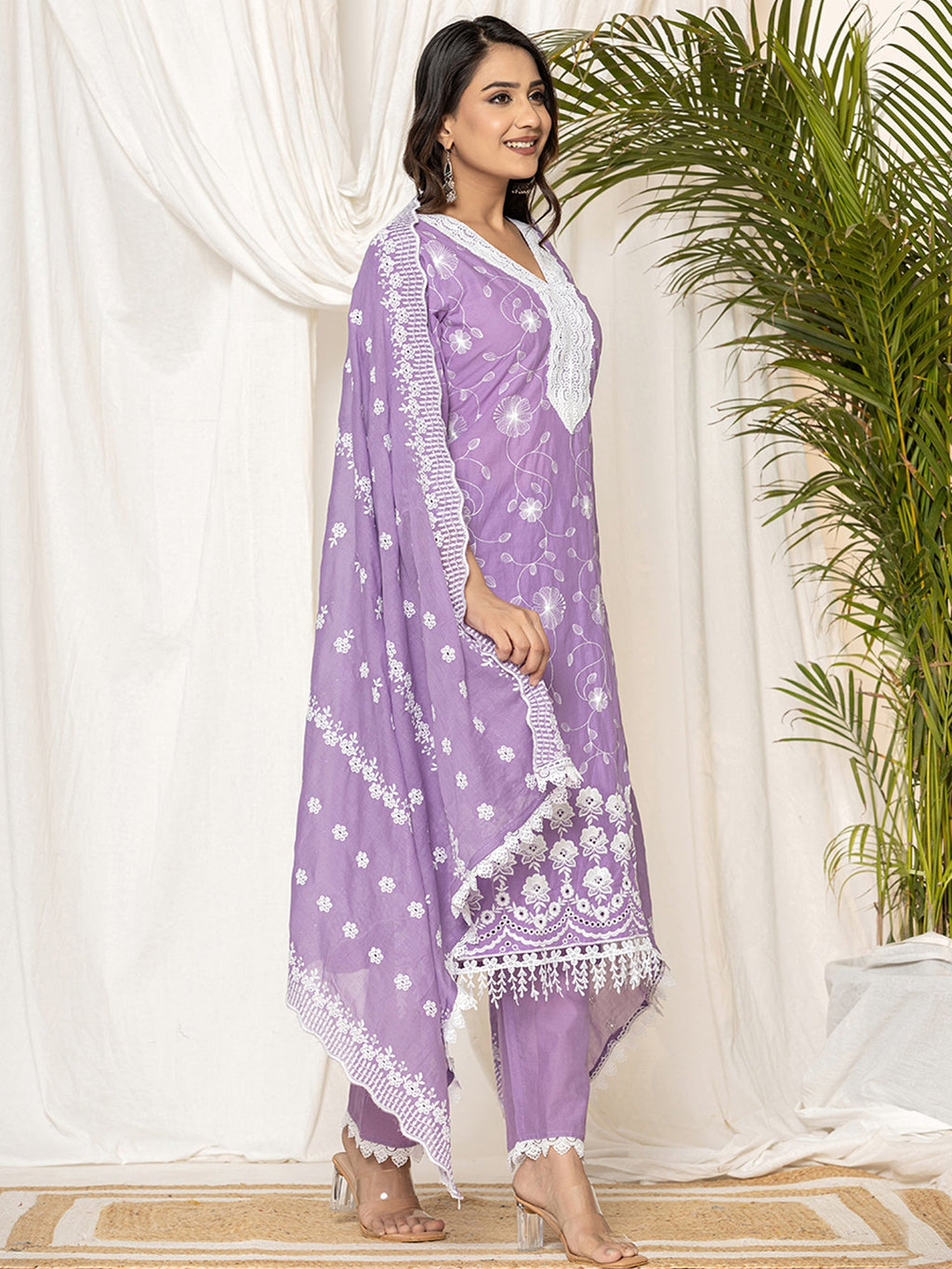 Indo Era Lavender Embroidered Straight Kurta Trousers set