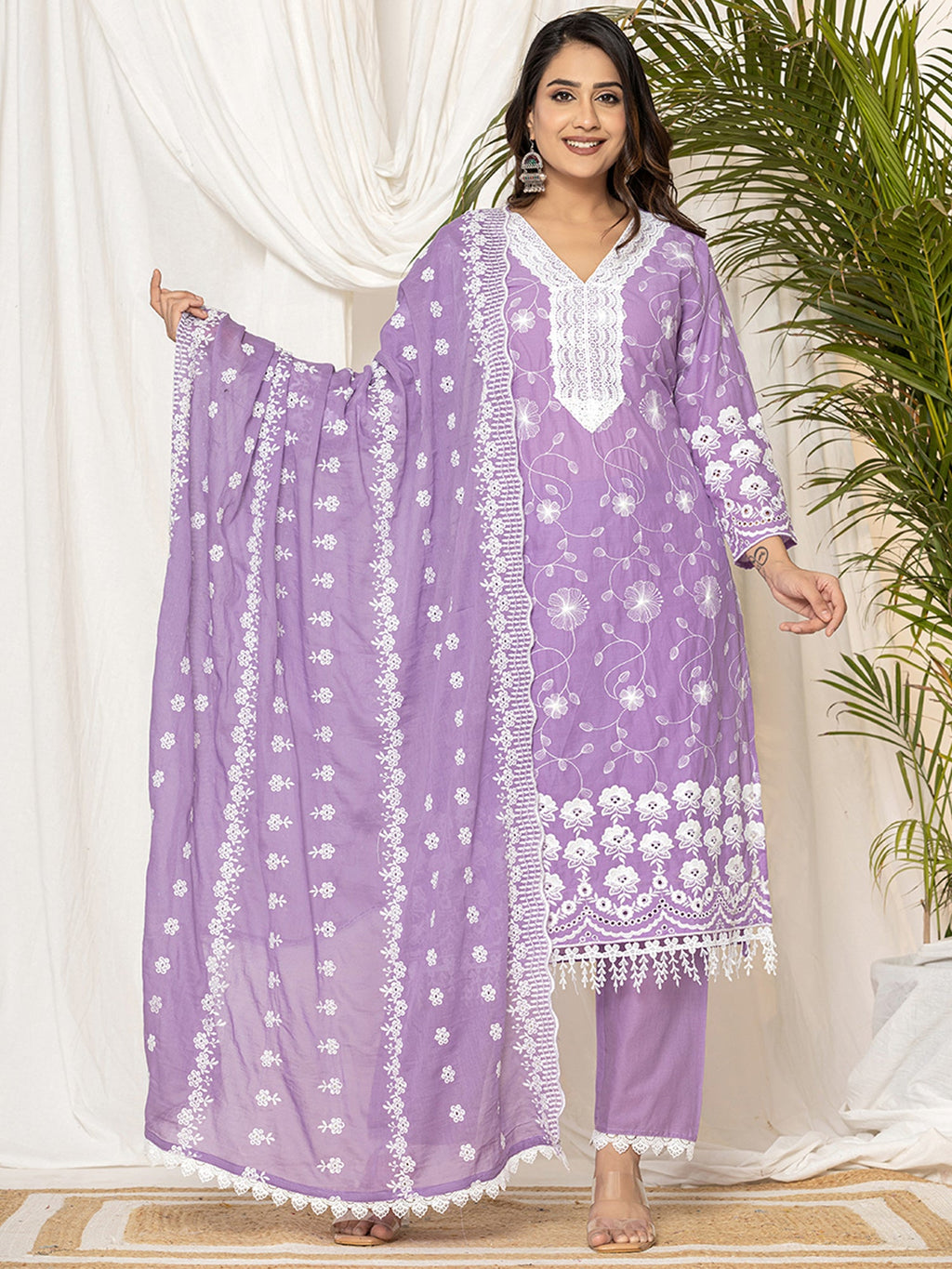 Indo Era Lavender Embroidered Straight Kurta Trousers set