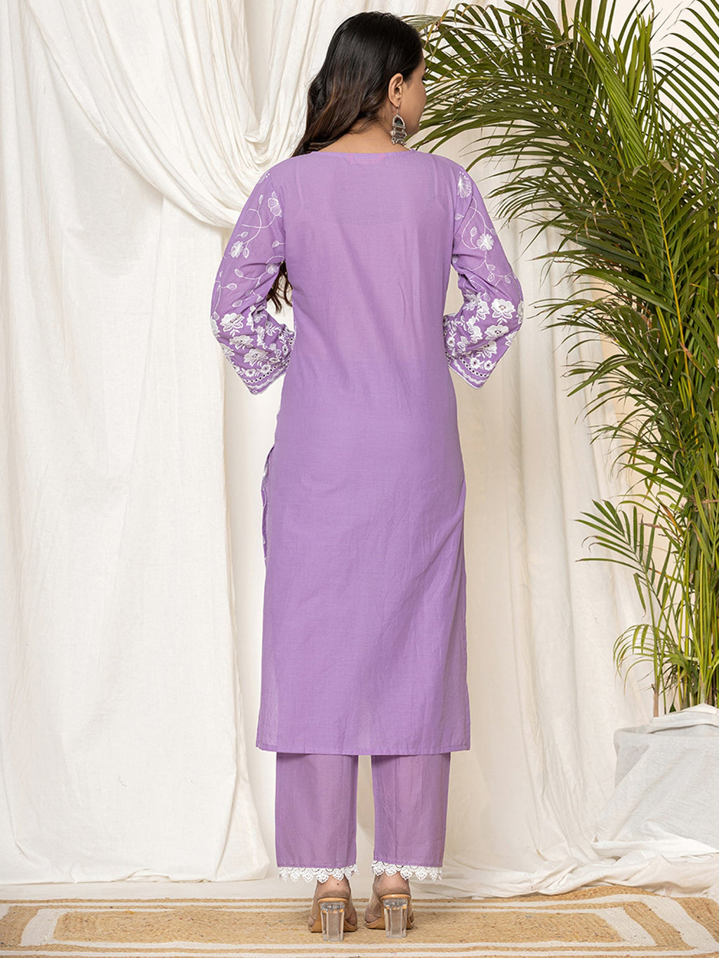 Indo Era Lavender Embroidered Straight Kurta Trousers set
