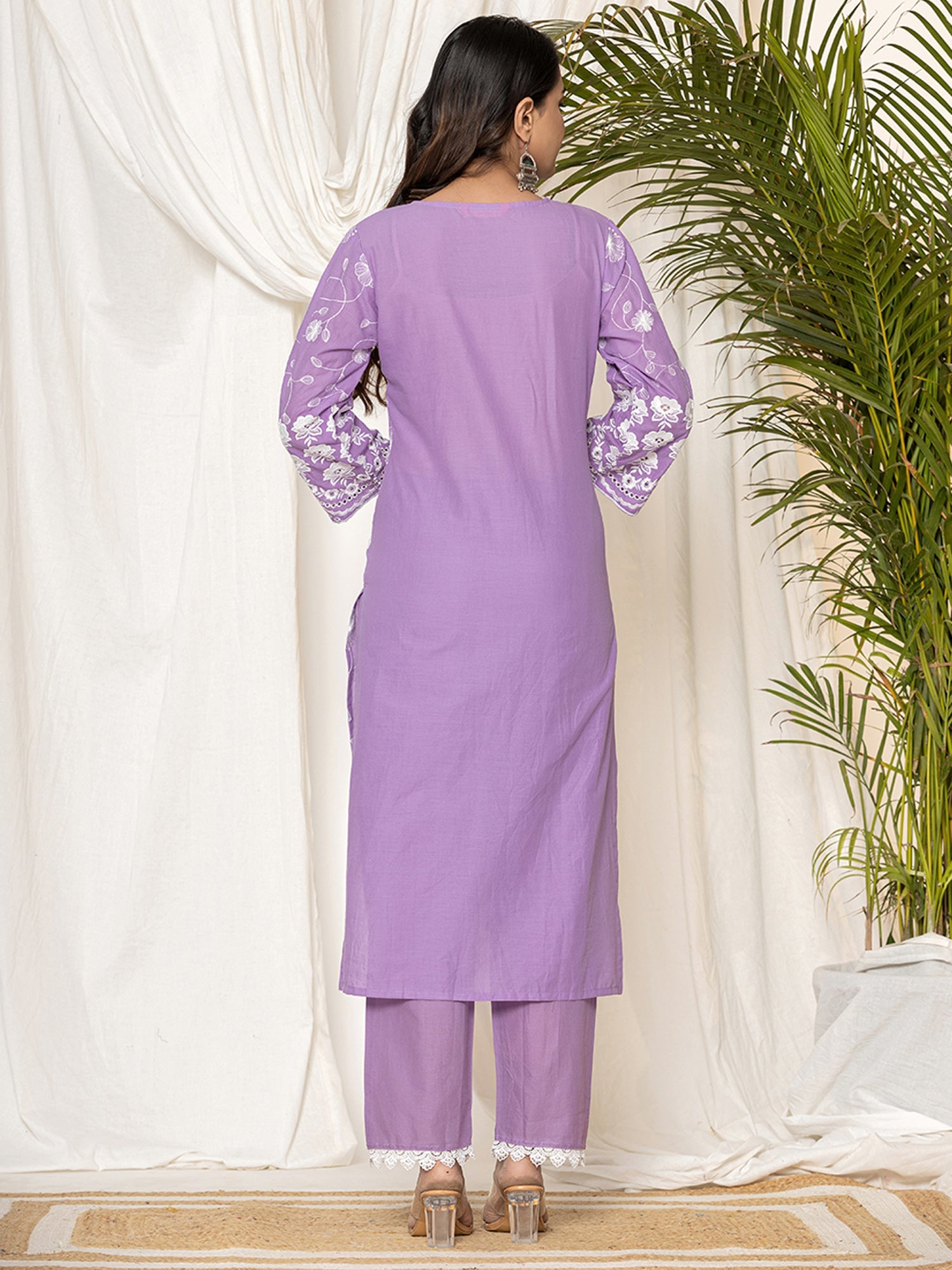 Indo Era Lavender Embroidered Straight Kurta Trousers set