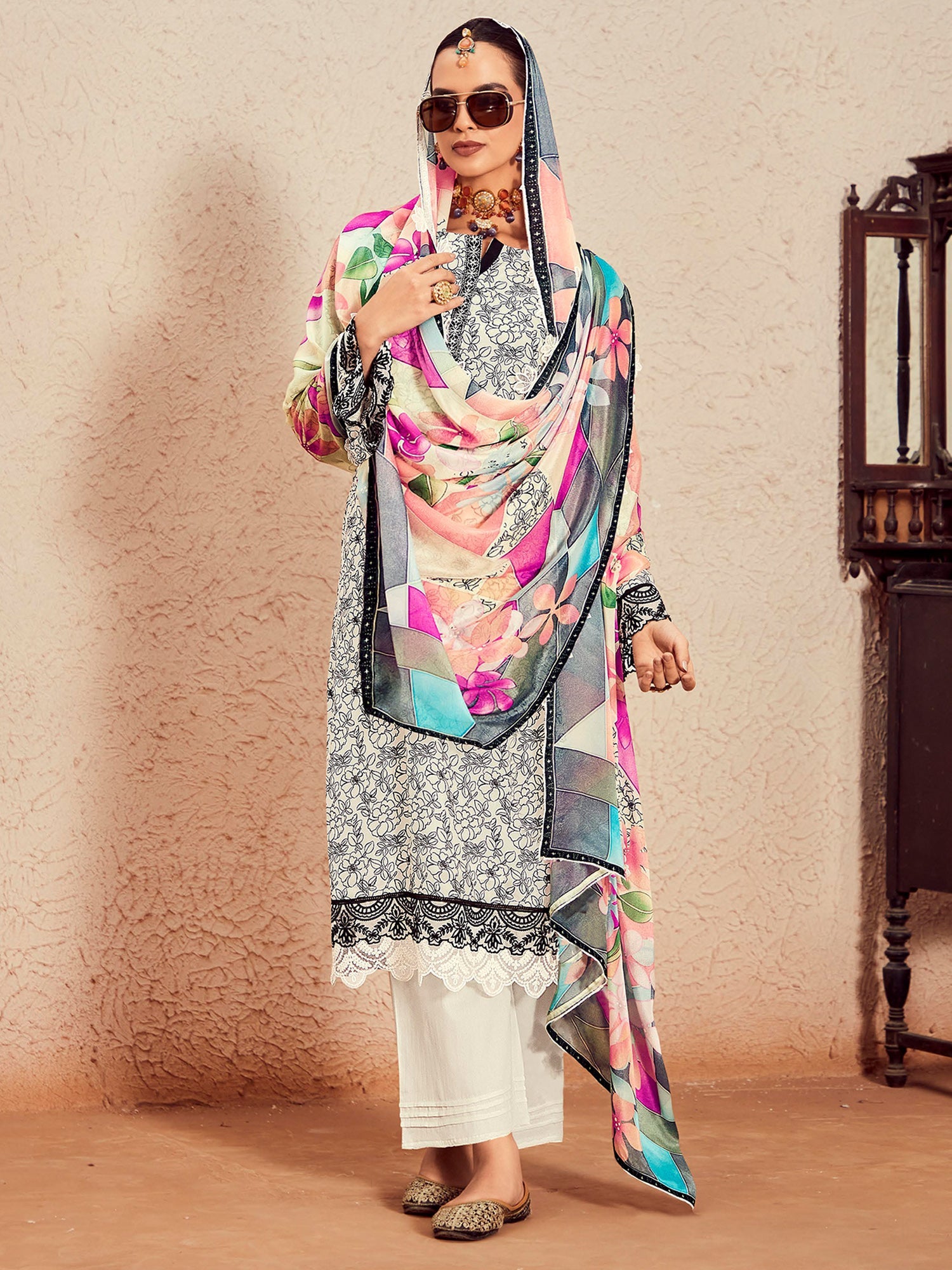 Indo Era Off White Printed Straight Kurta Trousers With Dupatta Set
