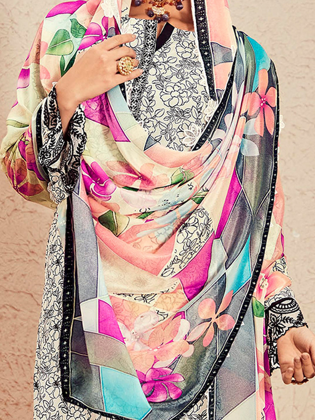Indo Era Off White Printed Straight Kurta Trousers With Dupatta Set