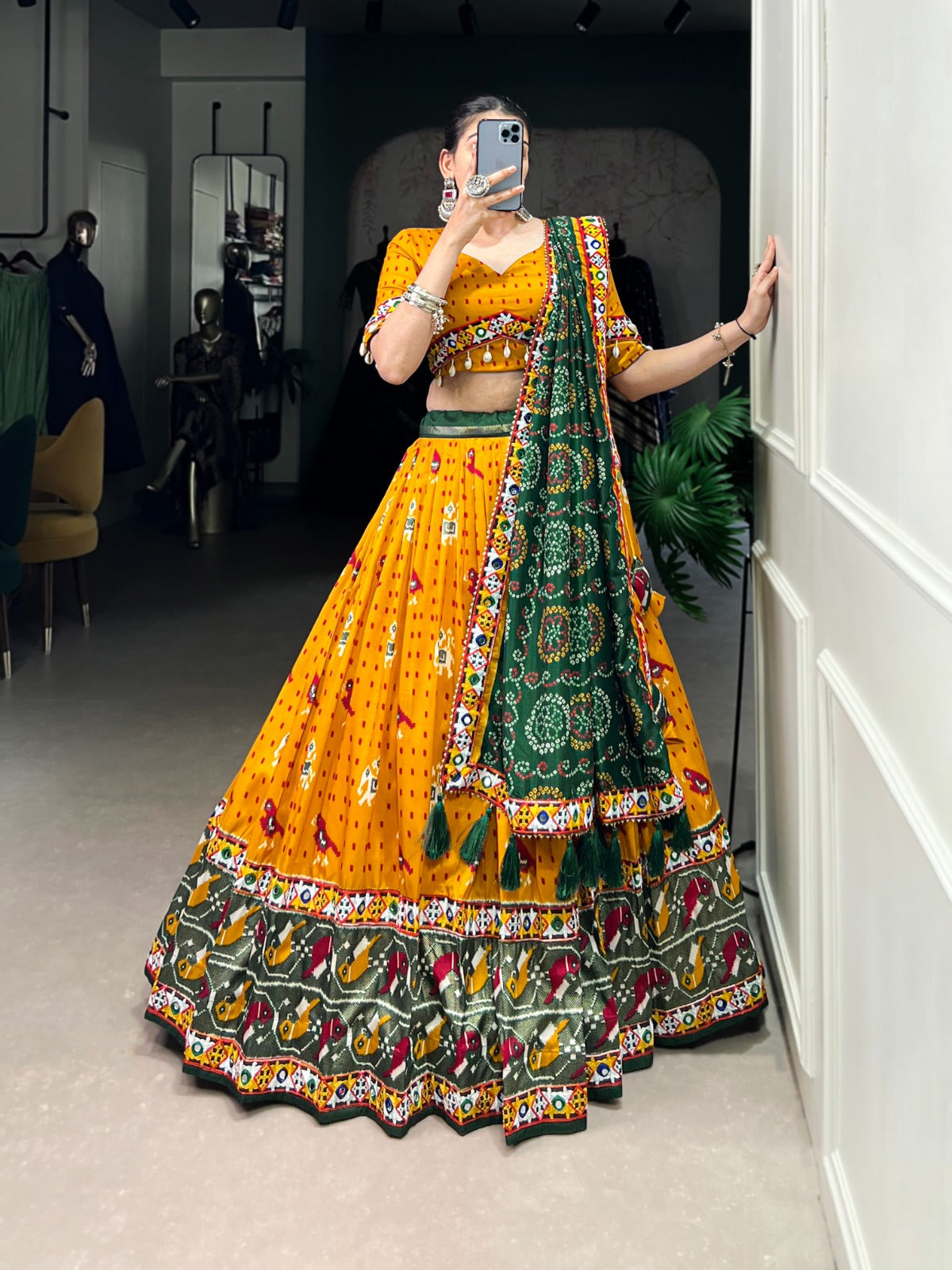 Lorenvalley Mustard Tussar Silk Patola Print with Gamthi Work Lace and Foil Work Lehenga Choli with Dupatta