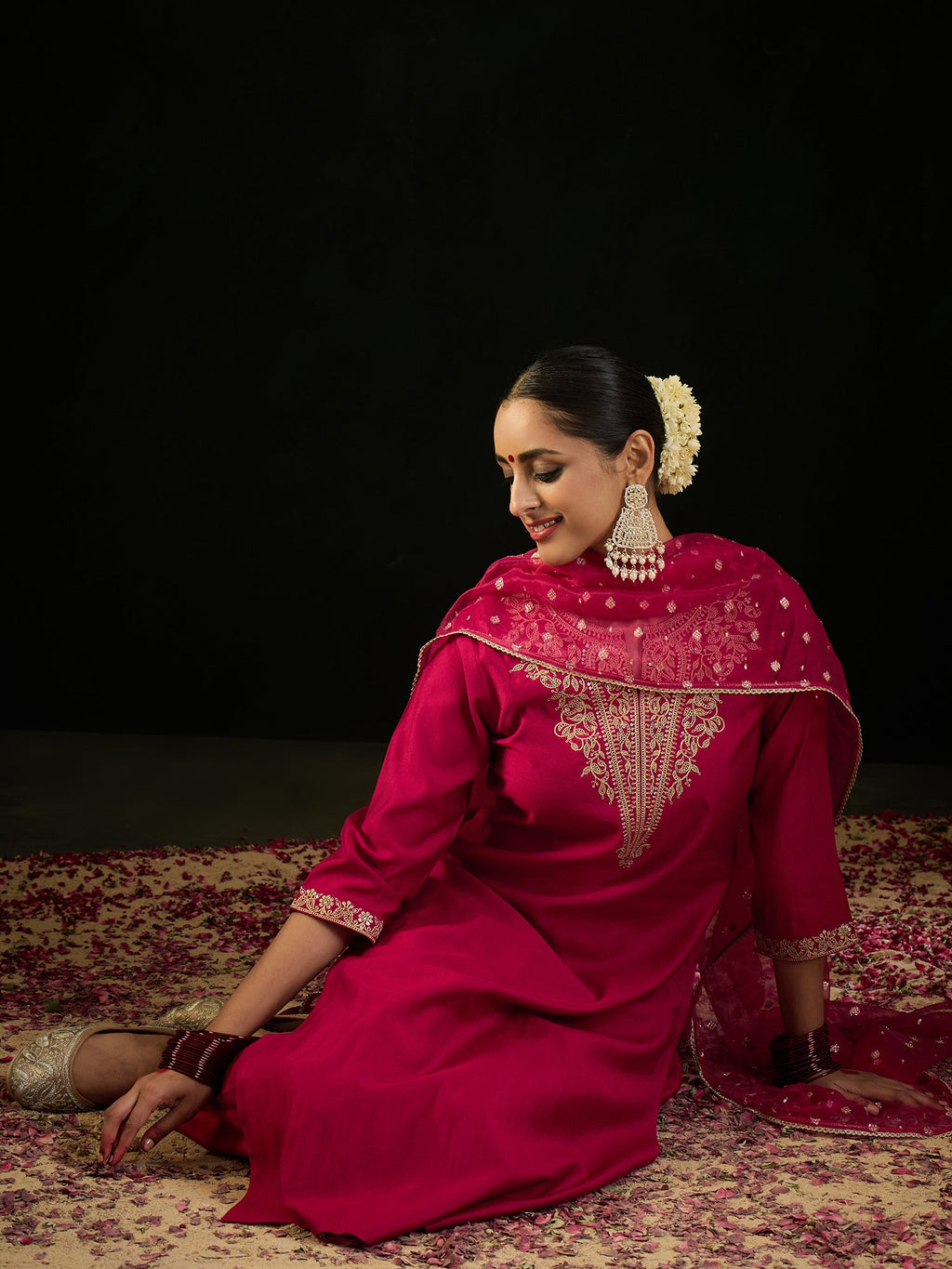Indo Era Pink Embroidered Straight Kurta Trousers With Dupatta set