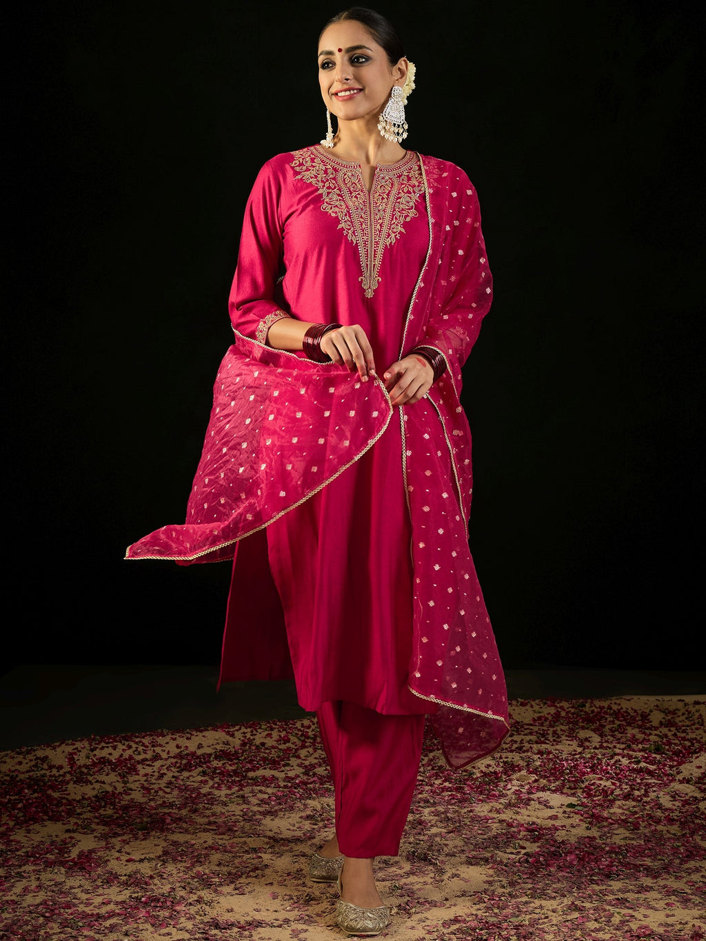 Indo Era Pink Embroidered Straight Kurta Trousers With Dupatta set