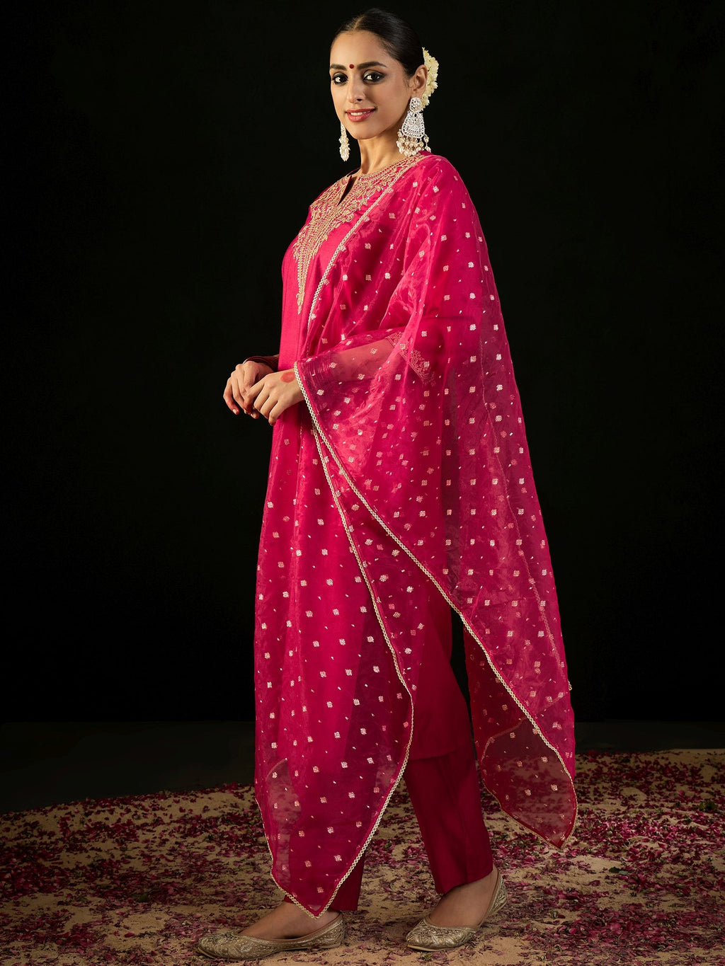 Indo Era Pink Embroidered Straight Kurta Trousers With Dupatta set