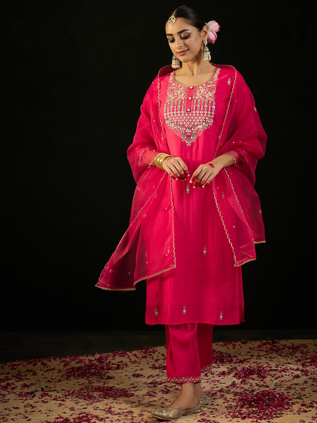 Indo Era Pink Embroidered Straight Kurta Trousers With Dupatta Set
