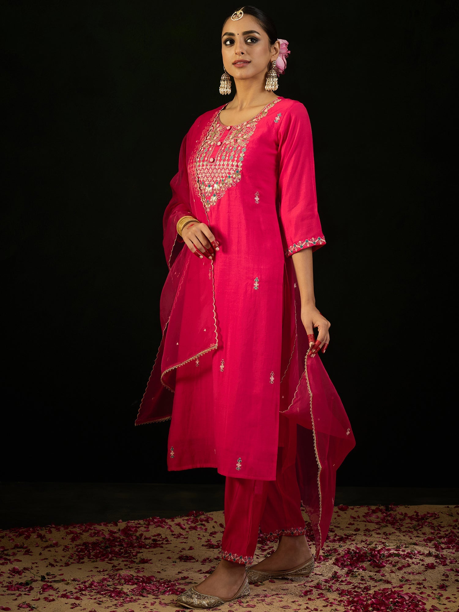 Indo Era Pink Embroidered Straight Kurta Trousers With Dupatta Set