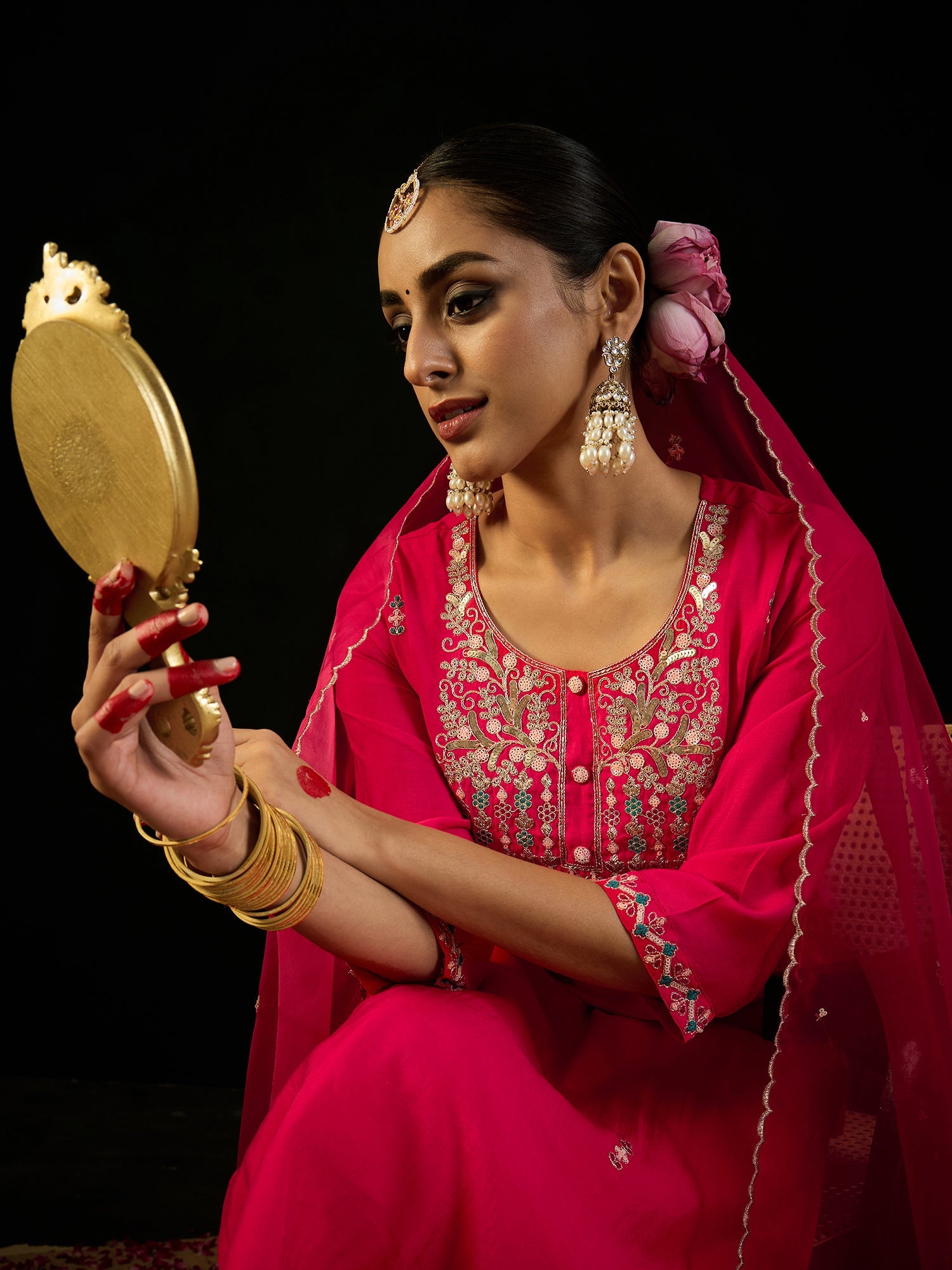 Indo Era Pink Embroidered Straight Kurta Trousers With Dupatta Set