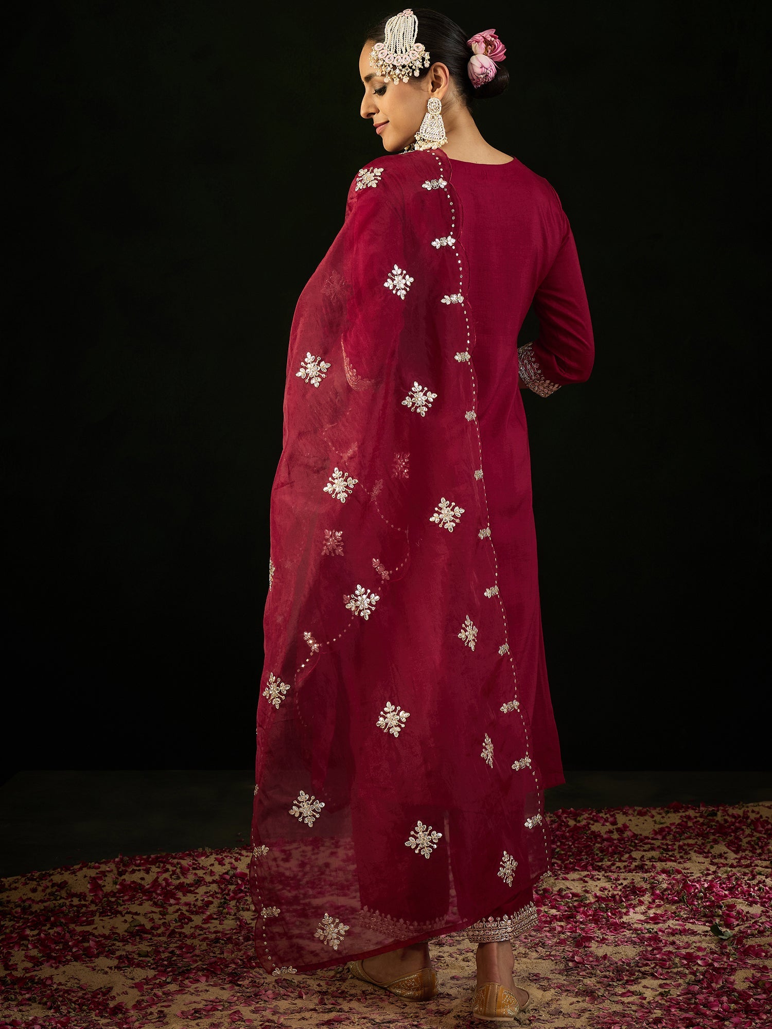 Indo Era Maroon Embroidered Straight Kurta Trousers With Dupatta set
