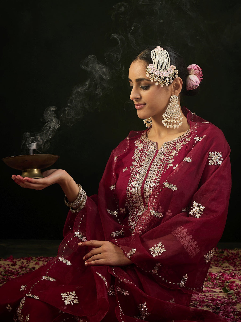 Indo Era Maroon Embroidered Straight Kurta Trousers With Dupatta set