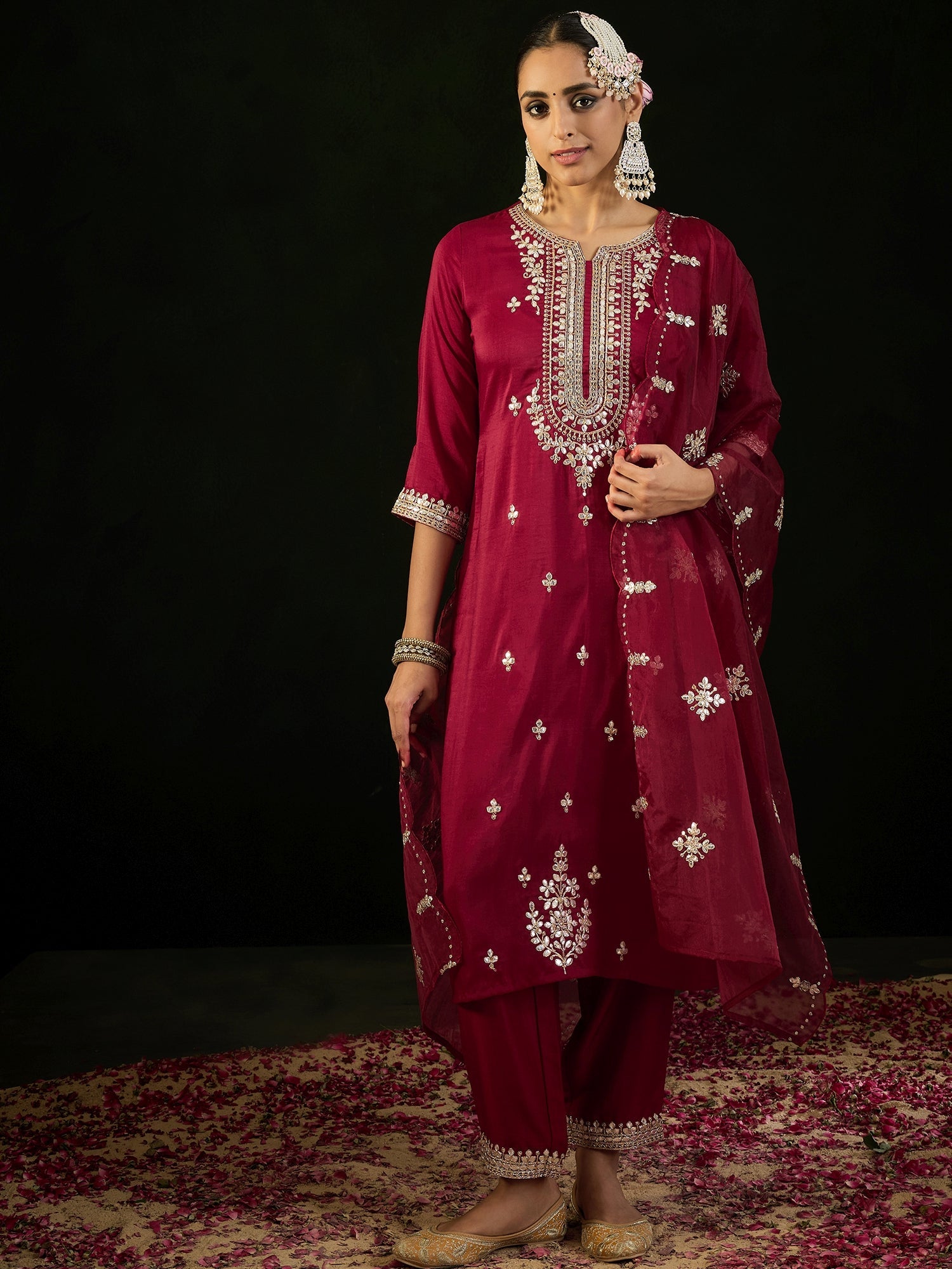 Indo Era Maroon Embroidered Straight Kurta Trousers With Dupatta set